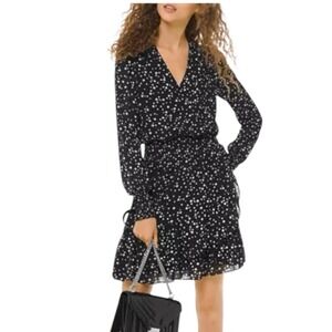 MICHAEL Michael Kors Ruffled Dot-Print Georgette Faux-Wrap Dress Small V-Neck